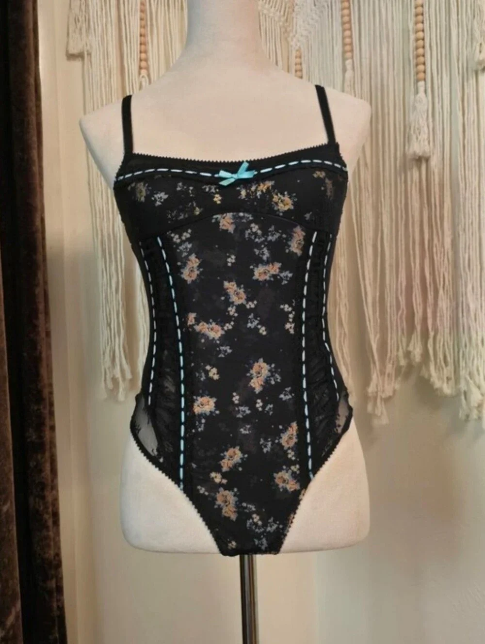 Free People Black Floral Lace Bodysuit with Blue Trim